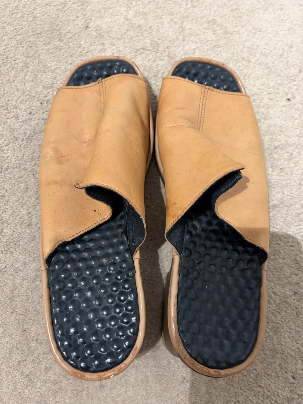 Rieker Tan Slip-On Leather Sandals with Black Cushioned Footbed